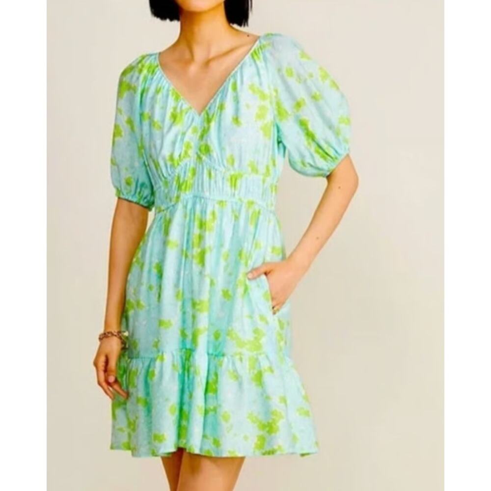 Vineyard Vines Marina Puff Sleeve V Neck Mini Dress Sydney Floral Marsh Size XXS